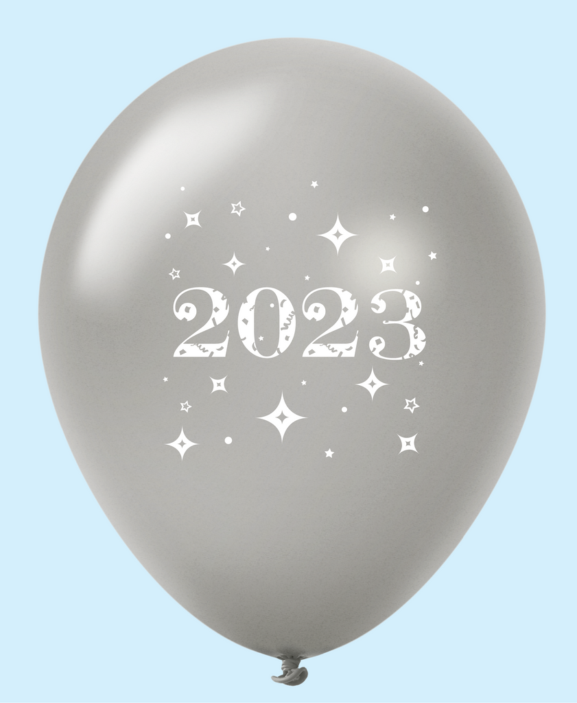 11" Year 2023 Stars Latex Balloons Silver (25 Per Bag)