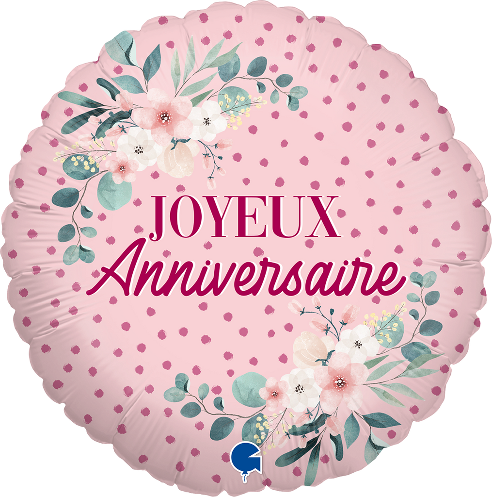 18" Joyeux Anniv Fleurs (French) Foil Balloon