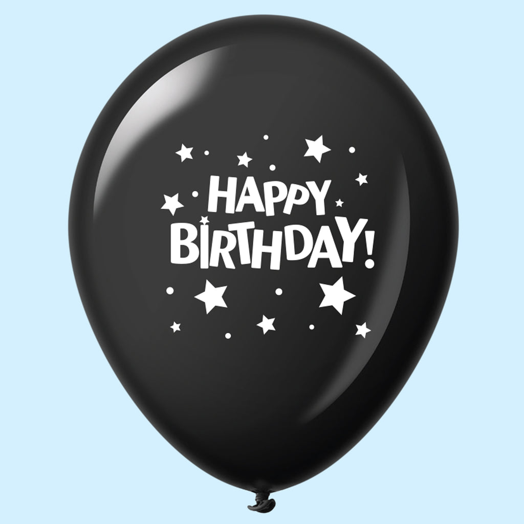 11" Happy Birthday Stars Latex Balloons Black (25 Per Bag)