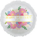The CTI 17" Happy Mother's Day With Purple, Pink Flower Burst Foil Balloon features a round silver design with colorful flowers and leaves, plus gold "Happy Mother’s Day" on a white banner—perfect for celebrating Mom.