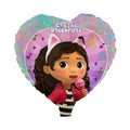 The BalloonFactory 18" Gabby's Dollhouse heart-shaped foil balloon features Gabby with cat ears, curly hair, and a pink mic on a purple background with colorful music notes and icons.