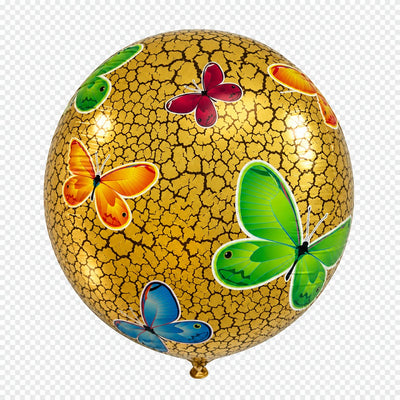 14″ Butterfly Pattern Foil Balloon With Gold Latex Inside Foil Balloon, a round gold balloon with a crackled texture and colorful butterflies.