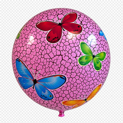 14″ Butterfly Pattern Foil Balloon With Pink Latex Inside Foil Balloon, a round pink balloon featuring a black crackle pattern and colorful butterfly illustrations.