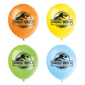 Ocho globos Jurassic World Multi Color de 12" de Unique, cada uno con impresiones de dinosaurios de doble cara, están dispuestos en un cuadrado sobre un fondo blanco. Los globos son de látex naranja, amarillo, verde y azul.