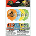 Exclusivos globos multicolores Jurassic World de 12", paquete de 8 unidades; cada globo de látex presenta el logotipo por ambas caras en naranja, azul, amarillo y verde. Peligro de asfixia: mantener fuera del alcance de niños menores de 8 años.