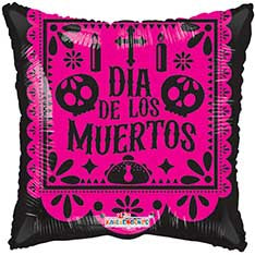 Manufactured by Convergram in Mexico measuring 18 Inches with message Dia De Muertos Decor Gellibean. Balloon is shown uninflated.