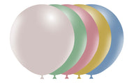 Four 18" Balloonia Latex Balloons in vintage pastel shades—white, green, pink, and blue—are slightly overlapping in a row against a white background. Product: Balloonia Professional Line Vintage Assorted (10 Per Bag).