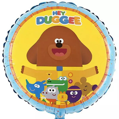 18″ Licensed Hey Duggee Foil Balloon featuring Hey Duggee and the Squirrel Club characters on a round, yellow background.