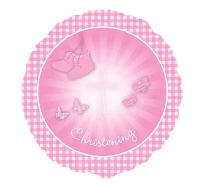 18″ Pink Booties Christening Foil Balloon featuring a gingham border, baby booties, butterflies, a cross, and the text Christening.