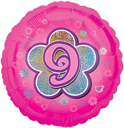18″ Pink Flower 9 Holographic Foil Balloon featuring a large glittery flower shape with the number 9 in the center, decorated with small hearts and flower icons.