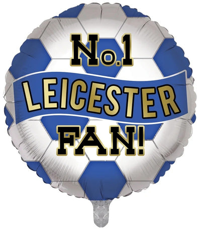 18″ Round No.1 Soccer/Football Leicester Fan Blue & White Foil Balloon shaped like a blue and white soccer ball with No.1 LEICESTER FAN! in blue and gold.