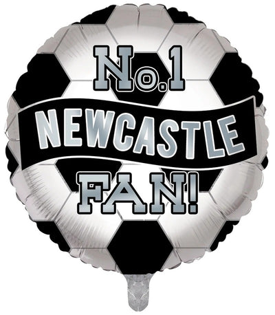 18″ Round No.1 Soccer/Football Newcastle Fan Black & White Foil Balloon shaped like a soccer ball with black and white panels, reading No. 1 NEWCASTLE FAN! across the center.