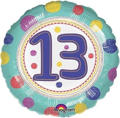 18″ Spot On Age 13 Foil Balloon: a round foil balloon with a teal edge, colorful polka dots, and a white center displaying the purple number 13.