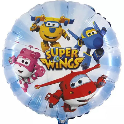 18″ Super Wings Foil Balloon featuring the four main cartoon airplane characters and the Super Wings logo against a light blue sky background.