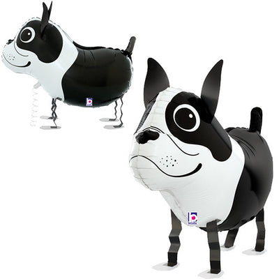 Two 19″ Boston Terrier Foil Balloon-shaped balloons shown from different angles.