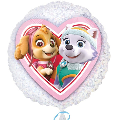 21″ Paw Patrol Clear Holographic Foil Balloon shaped like a heart and featuring Skye and Everest.