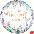 The 18" Watercolour Floral Get Well Soon Foil Balloon by Oaktree features gold “Get Well Soon” text with watercolor butterflies, leafy plants, and a small UK flag for a cheerful and uplifting recovery gift.