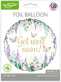 The 18" Watercolour Floral Get Well Soon Oaktree Foil Balloon features a floral border, butterflies, and gold text on white. Packaged with Oaktree branding and clear instructions for air or helium inflation.