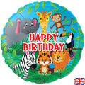 The 18" Jungle Happy Birthday Mylar Balloon by Oaktree features cartoon jungle animals around red "HAPPY BIRTHDAY" text, with green leaves, a blue sky background, and a small UK flag in the corner.