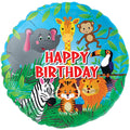 Le ballon en mylar/foil « Jungle Happy Birthday » de la marque Oaktree, de 18 pouces, met en scène des animaux de la jungle issus de dessins animés aux couleurs vives — notamment un éléphant, une girafe, un singe, un zèbre, un tigre, un lion et un toucan — rassemblés autour de l'inscription « Jungle Happy Birthday » en rouge vif, le tout sur un fond animé de feuilles vertes et de ciel bleu.