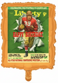 Le ballon Liberty Happy Birthday Football Hero de 23" de Classic représente une couverture de magazine vintage d'un joueur de football en rouge éclatant à travers du papier, avec "HAPPY BIRTHDAY !" en lettres rouges grasses sur fond doré.