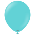 Un ballon en latex Kalisan de 30 cm, gonflé, de couleur bleu aqua standard avec une finition brillante, sur lequel figure le mot « kalisan » près du nœud, est représenté sur un fond blanc uni.