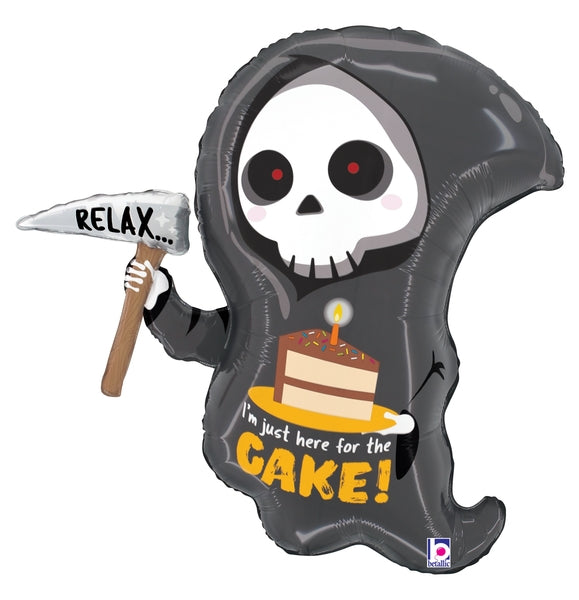 Uninflated 25" Grim Reaper Birthday Cake Foil Balloon Manufactured By Betallic LLC St. Louis, MO