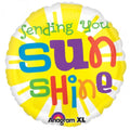 21" Sending You Sunshine Balloon by Anagram CD features a round yellow design with white sun rays and colorful, playful text saying “Sending you Sunshine.” The word "Sunshine" appears in bright, varied fonts.