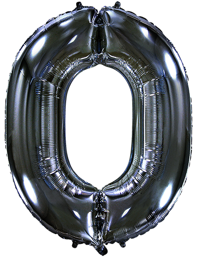 Inflated balloon to 32", 40" if uninflated. The color is Black. Number "0" Foil Balloon Manufactured by Flexmetal in Spain.