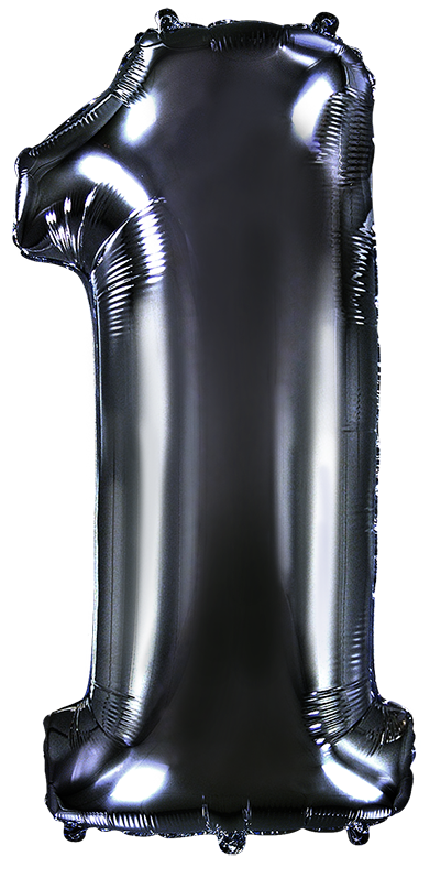 Inflated balloon to 32", 40" if uninflated. The color is Black. Number "1" Foil Balloon Manufactured by Flexmetal in Spain.
