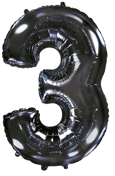 Inflated balloon to 32", 40" if uninflated. The color is Black. Number "3" Foil Balloon Manufactured by Flexmetal in Spain.