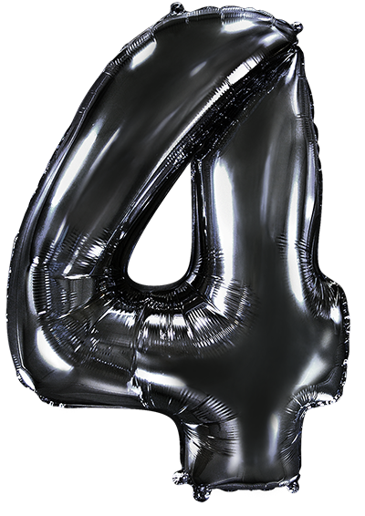Inflated balloon to 32", 40" if uninflated. The color is Black. Number "4" Foil Balloon Manufactured by Flexmetal in Spain.