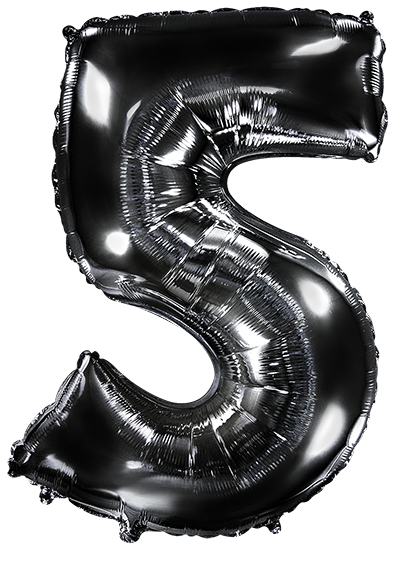 Inflated balloon to 32", 40" if uninflated. The color is Black. Number "5" Foil Balloon Manufactured by Flexmetal in Spain.