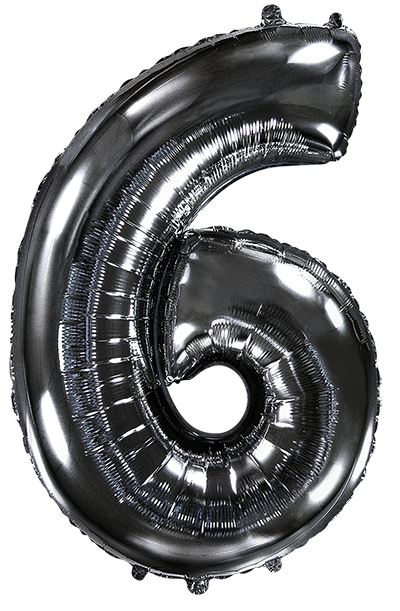 Inflated balloon to 32", 40" if uninflated. The color is Black. Number "6" Foil Balloon Manufactured by Flexmetal in Spain.