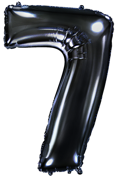 Inflated balloon to 32", 40" if uninflated. The color is Black. Number "7" Foil Balloon Manufactured by Flexmetal in Spain.