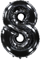 Inflated balloon to 32", 40" if uninflated. The color is Black. Number "8" Foil Balloon Manufactured by Flexmetal in Spain.