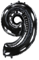 Inflated balloon to 32", 40" if uninflated. The color is Black. Number "9" Foil Balloon Manufactured by Flexmetal in Spain.