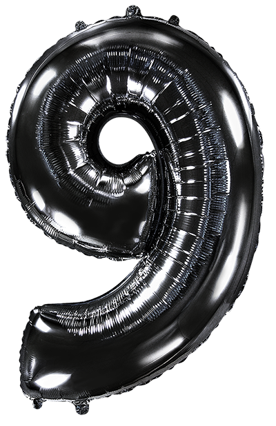 Inflated balloon to 32", 40" if uninflated. The color is Black. Number "9" Foil Balloon Manufactured by Flexmetal in Spain.
