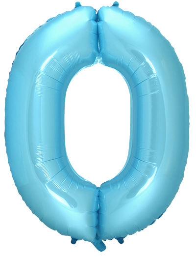 Inflated balloon to 32", 40" if uninflated. The color is Pastel Blue. Number "0" Foil Balloon Manufactured by Flexmetal in Spain.