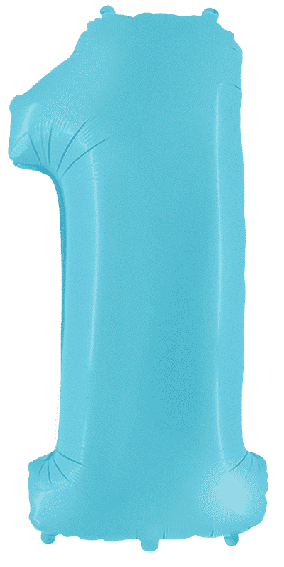 Inflated balloon to 32", 40" if uninflated. The color is Pastel Blue. Number "1" Foil Balloon Manufactured by Flexmetal in Spain.
