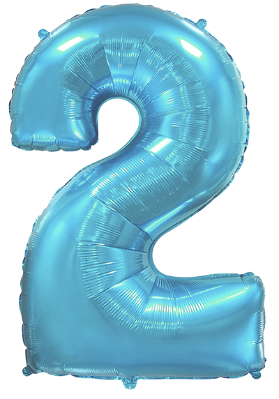 Inflated balloon to 32", 40" if uninflated. The color is Pastel Blue. Number "2" Foil Balloon Manufactured by Flexmetal in Spain.