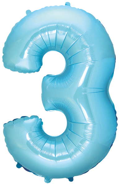 Inflated balloon to 32", 40" if uninflated. The color is Pastel Blue. Number "3" Foil Balloon Manufactured by Flexmetal in Spain.