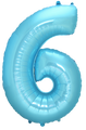 Inflated balloon to 32", 40" if uninflated. The color is Pastel Blue. Number "6" Foil Balloon Manufactured by Flexmetal in Spain.