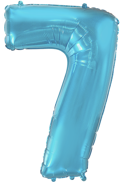 Inflated balloon to 32", 40" if uninflated. The color is Pastel Blue. Number "7" Foil Balloon Manufactured by Flexmetal in Spain.