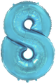 Inflated balloon to 32", 40" if uninflated. The color is Pastel Blue. Number "8" Foil Balloon Manufactured by Flexmetal in Spain.
