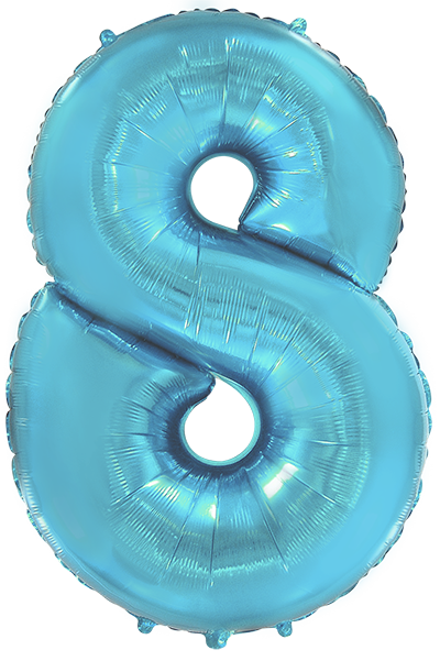 Inflated balloon to 32", 40" if uninflated. The color is Pastel Blue. Number "8" Foil Balloon Manufactured by Flexmetal in Spain.