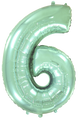 Inflated balloon to 32", 40" if uninflated. The color is Pastel Mint. Number "6" Foil Balloon Manufactured by Flexmetal in Spain.
