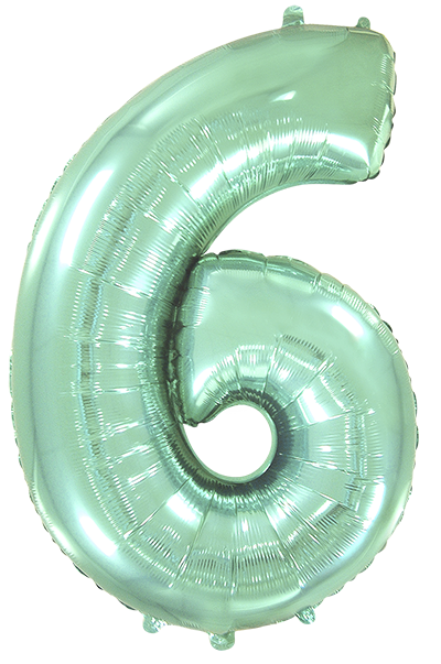 Inflated balloon to 32", 40" if uninflated. The color is Pastel Mint. Number "6" Foil Balloon Manufactured by Flexmetal in Spain.