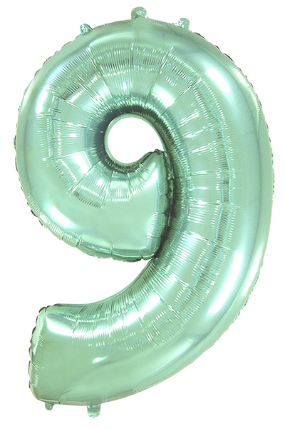 Inflated balloon to 32", 40" if uninflated. The color is Pastel Mint. Number "9" Foil Balloon Manufactured by Flexmetal in Spain.