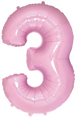 Inflated balloon to 32", 40" if uninflated. The color is Pastel Pink. Number "3" Foil Balloon Manufactured by Flexmetal in Spain.